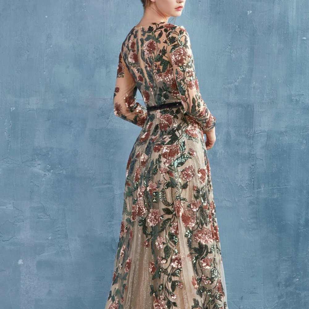 Sequin Floral Long Sleeve Prom Dress in Blush Green